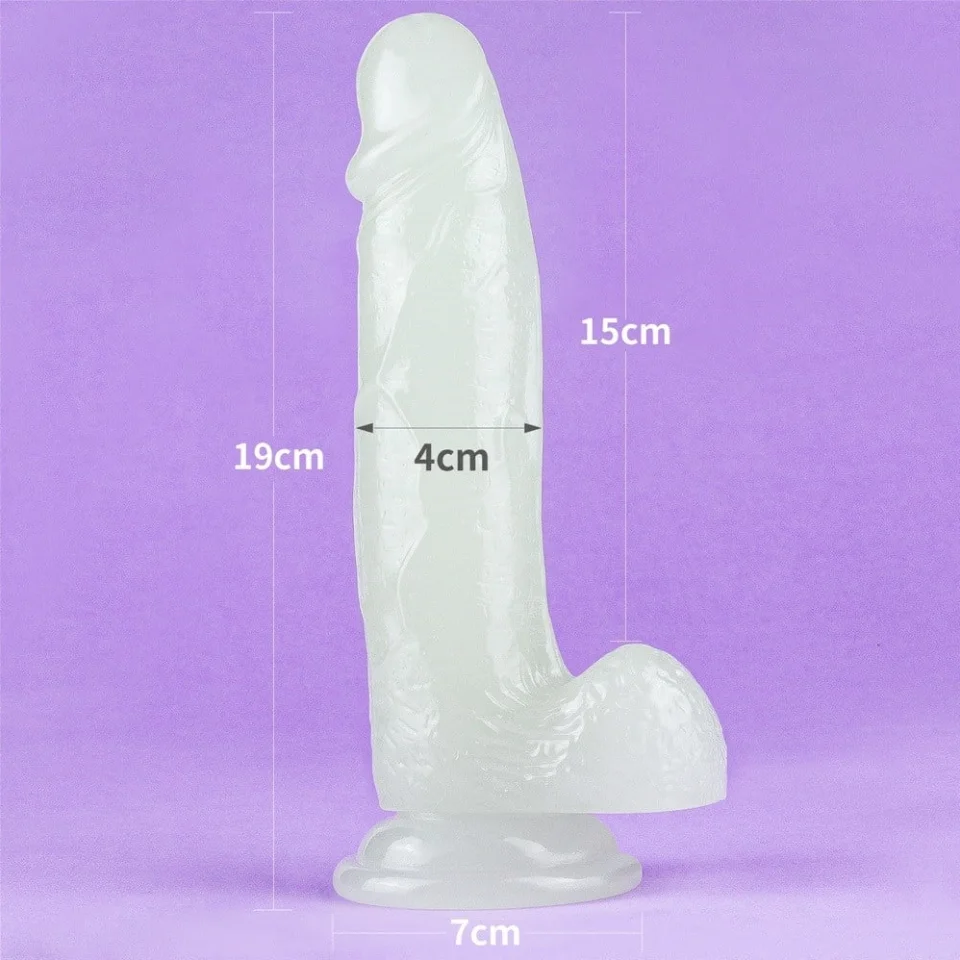 #595 - 19 cm Gece Parlayan Fosforlu Realistik Vantuzlu Şeffaf Dildo Penis