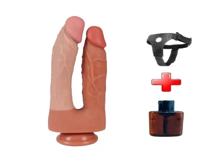 #BDM1076B - İki Uçlu Vantuzlu Belden Bağlamalı Yeni Nesil Realistik Çatal Dildo