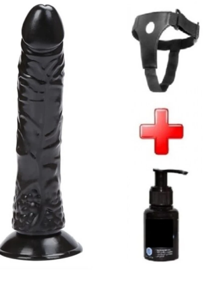 #XM206-SB - Gerçekçi Dildo Penis Kemer Seti 20 cm Siyah Vantuzlu Kayganlaştırıcı ile Birlikte