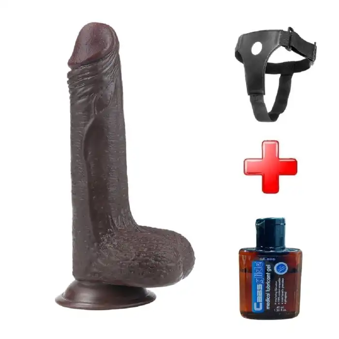 #LV317011B - Yeni Nesil Çift Katmanlı Belden Bağlamalı 17,5cm Realistik Zenci Dildo